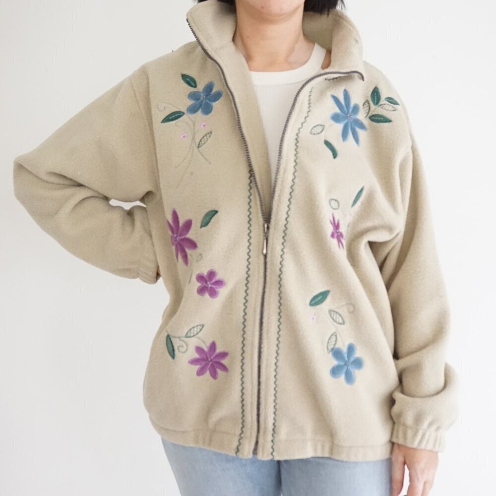 Vintage Alfred Dunner Floral Fleece Zip Up Sweater Grandmacore Cottagecore S